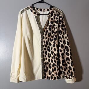 Shein Blouse 1XL Leopard Print Colorblock Keyhole Long Sleeve Plus Size Top